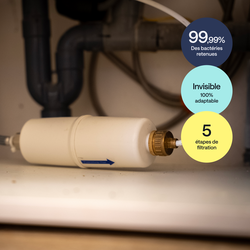 Filtre en ligne blanc Dyese — vue détail installation sous évier